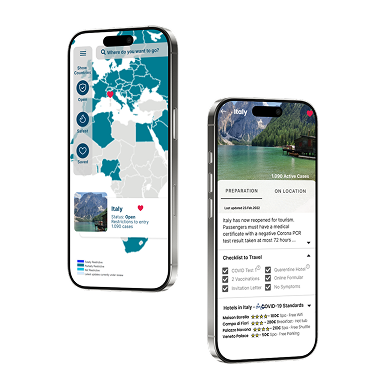 The Safe Travels app on two phones: a country map showing entry status, and a destination page with a travel checklist